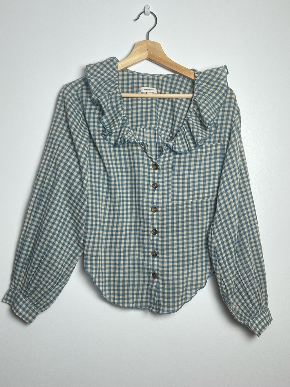 NWOT Pilcro Blue Gingham Button-Front Ruffle Collar Top - Picture 4 of 11